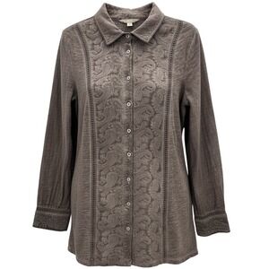 Soft Surroundings Womens Brown Embroidered Long Sleeve Button Tunic Shirt Medium